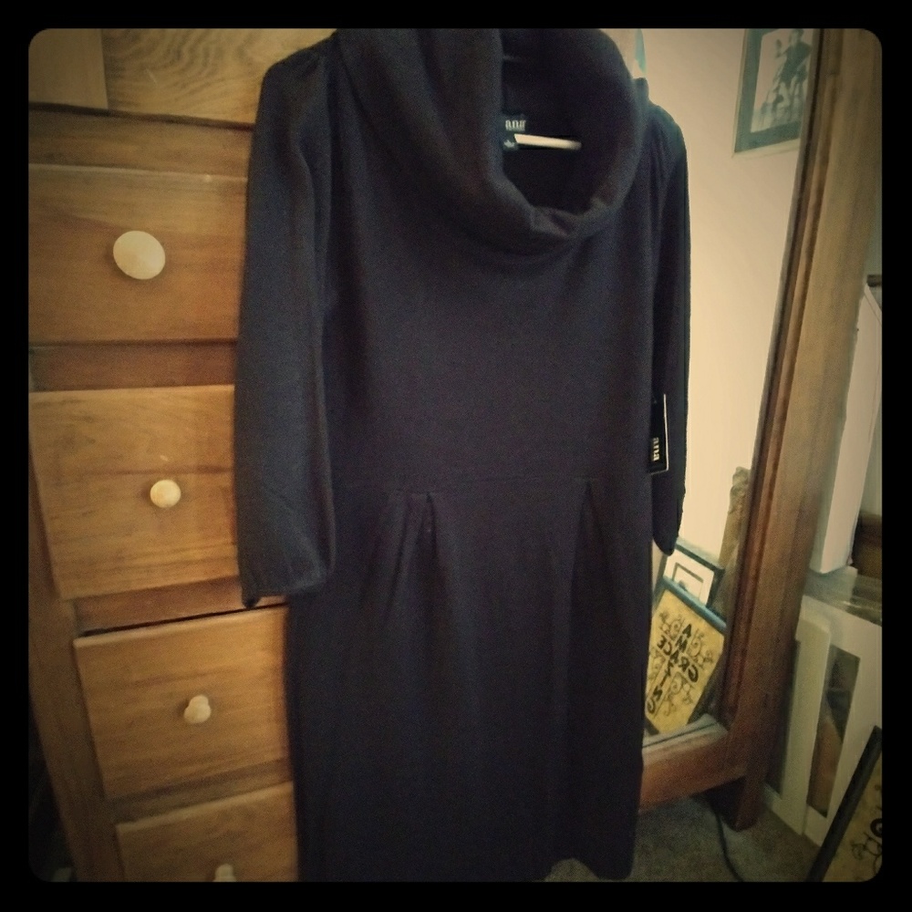 Black Heavy Knit Cowl Neck Dress